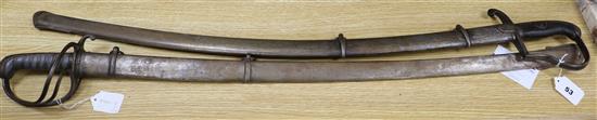 A Victorian sabre with etched blade and a mid 19th century sabre, both with scabbards